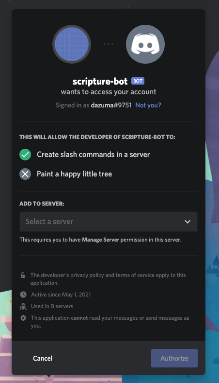 Authorizing a bot with a server